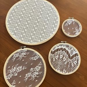 Set of 4 assorted white lace embroidery hoops